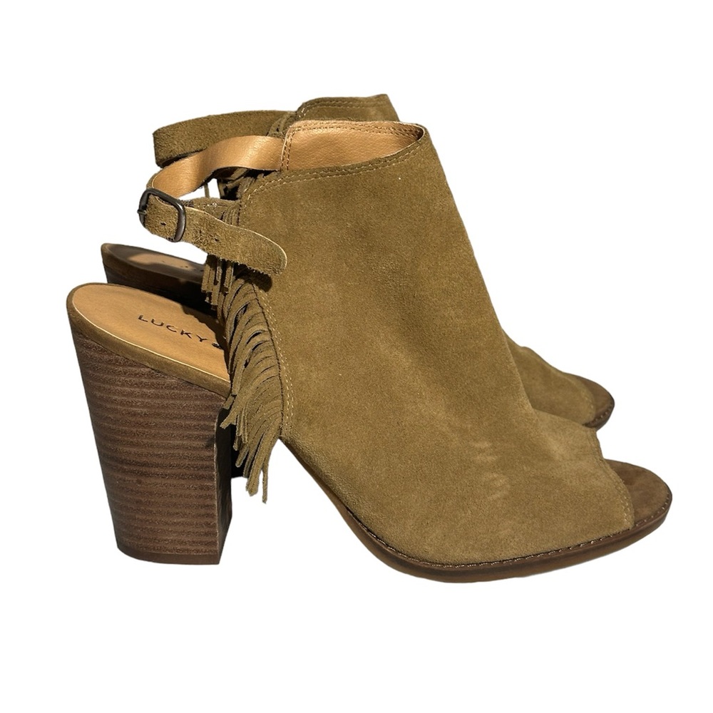 Lucky Brand Womens Size 11M Shoes Brown Suede Fringe Peep Toe Heeled Ankle Boots